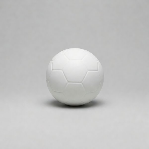 Modern white match ball resting on a plain backdrop in soft light